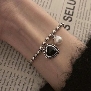 *NEW 925 Sterling Silver Pearl Heart Bracelet